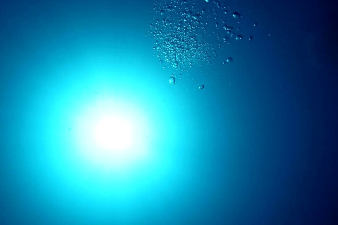 Underwater view with sunlight penetrating the water surface